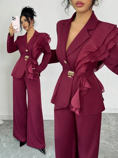 Elenzga Abito elegante e di lusso da donna, completo con giacca a maniche lunghe e pantaloni a gamba dritta, colletto arricciato in organza glitterato con cintura, colore bordeaux, adatto per Ognissanti, Natale, Capodanno, cerimonie di laurea, matrimoni