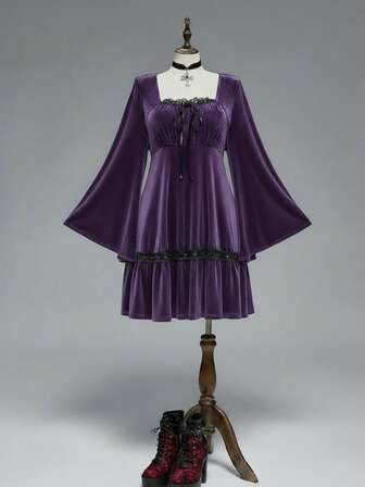 Goth Plus Size Vintage Romantic Dark Sweet Flare Sleeve Velvet Waist Dress, Birthday Dress