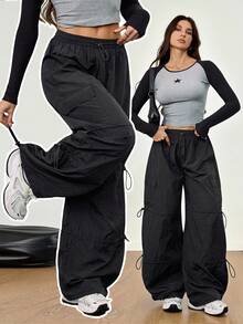 SHEIN EZwear 加大码男女夏季街头运动实用工装裤，抽绳松紧腰，宽松降落伞低腰哈伦裤 - 黑色 - 查看 9