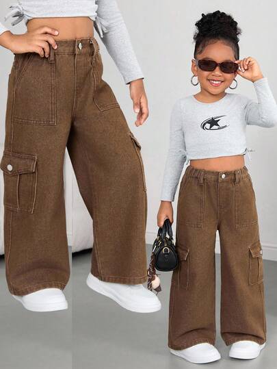 SHEIN 年轻女孩 Y2K 水洗棕色宽松牛仔裤，适合秋季、冬季休闲时尚度假穿着，2000 年代风格，圣诞牛仔裤，复古风，圣诞节