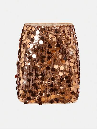 SHEIN Girlism Tween Girl Solid Color Sequin Bodycon Mini Skirt, Suitable For Weddings, Parties, Halloween, Autumn/Winter Girls Gold Sequin Skirt Girls Sequin Skirt Shimmer Skirt