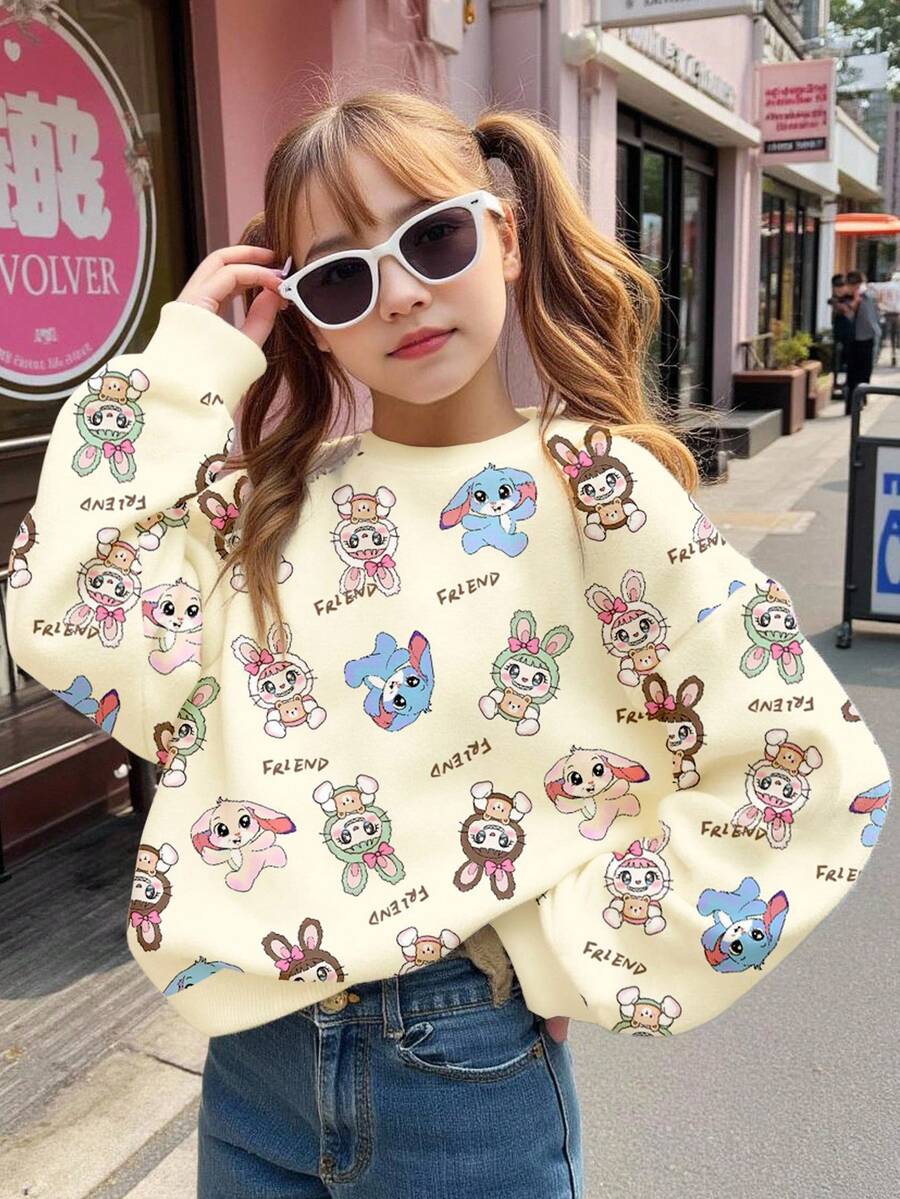 SHEIN 奶油白色可爱卡通蓝兔露露,针迹图案青少年女孩休闲宽松圆领舒适长袖运动衫,适合秋冬季,街头风格,休闲校园运动,户外野餐,郊游,街拍,家居 - 彩色 - 查看 1