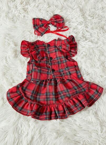 PETSIN 1PC Pet Cat Dog Universal Christmas Red Classic Checkered Cute Little Flying Sleeve Bow Decoration Dog Dress