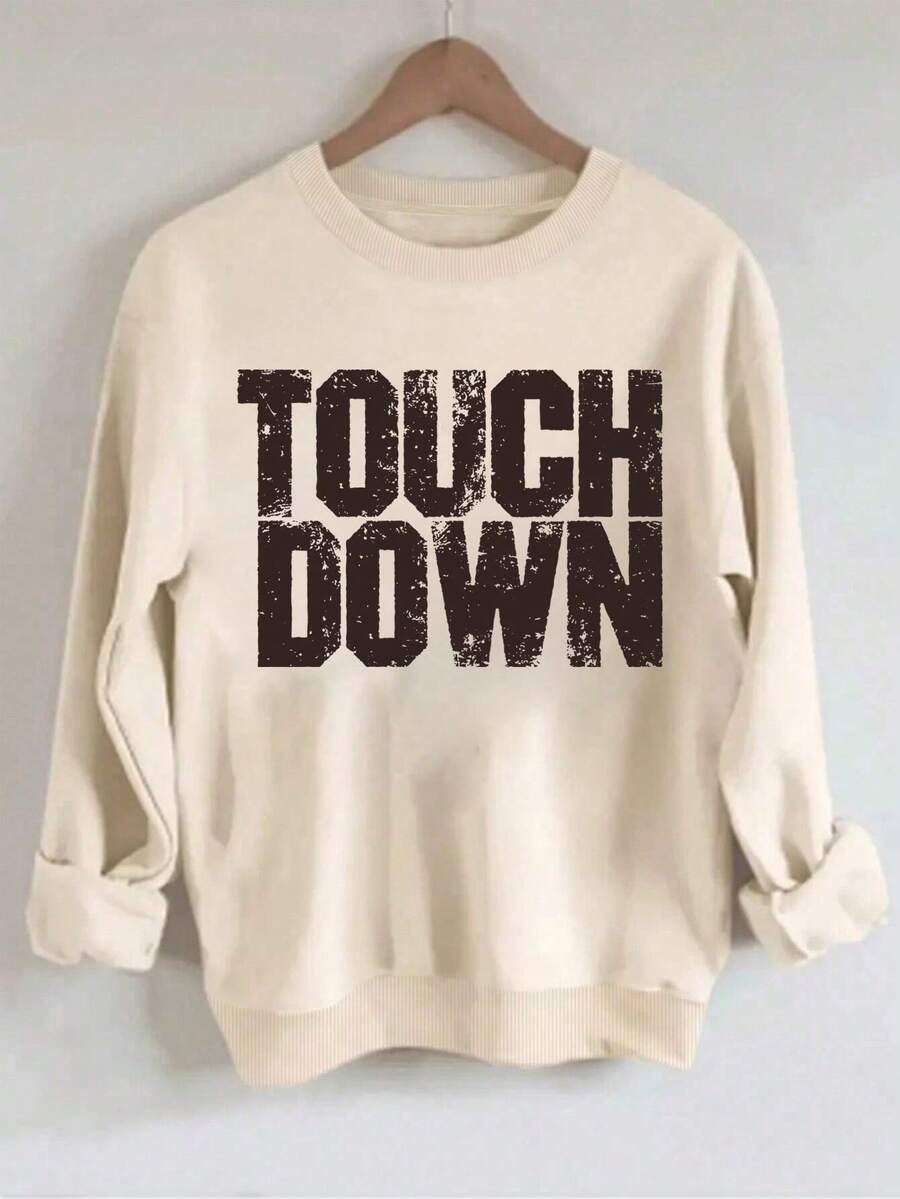 SHEIN LUNE Sweatshirt Wanita Modis dengan Motif Inggris, Bahu Longgar, dan Kerah Bulat - Hitam - View 1