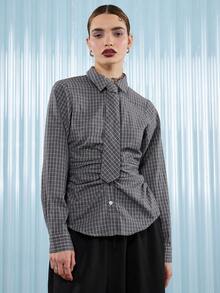 COUREZ Long Sleeve Cinched Waist Check Shirt With Front Tie Detail /Y2K Casual Going Out Tops Sexy Party Party Top Elegant Women's Blouses Plaid Shirt Summer Tops - Grey - View 2