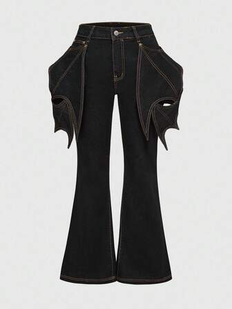 Gothic Style Christmas & Halloween Bat Wing Design Women's Flare Jeans, Plus Size Denim Pants, Creative Holiday Vacation Design Ladies Jeans, Black Denim Pants
