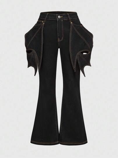 Gothic Style Christmas & Halloween Bat Wing Design Women's Flare Jeans, Plus Size Denim Pants, Creative Holiday Vacation Design Ladies Jeans, Black Denim Pants