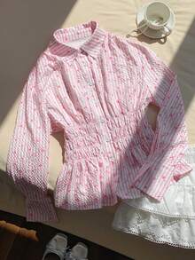 Comfortcana قميص كاجوال بأكمام طويلة وخصر مطوي بنمط قلب مخطط للنساء موديل خريف وشتاء 2025، مناسب لمناسبات عيد الميلاد والسنة الجديدة وعيد الشكر والتخرج والعطلات - وردي - مشاهدة 4