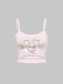 ROMWE Kawaii Spring/Summergraphicpink[Lingerie] Cute & Sexy Camisole & Flared Pants Set, Multi-Layer Waistband Ruched Sexy Lady Trousers - Pink - View 5