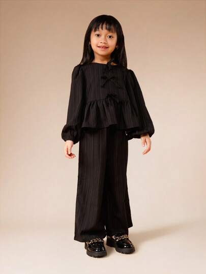 SUMWON Girls Ribbed Peplum Top And Wide Leg Pants Coordinated Set With Bow Details