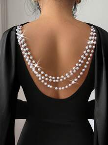 Elenzga Satin Ribbon Back Hollow Pearl Multi-Layer Chain Embellished Long Sleeve Cinched Waist Mermaid Slit Knit Dress, Stretchy Bodycon Party Holiday French Elegant Sexy, Red - Black - View 7