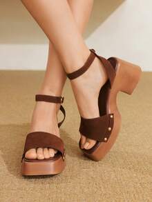 Styleloop Sandalias de tacón alto con suela gruesa para mujer, estilo bohemio para vacaciones - Marrón - Ver 7