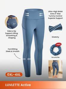 LUVLETTE Plus 女士休闲纯色高腰优雅踝长运动基本款裤子蓝色活力健身紧身裤 - 霧霾藍 - 查看 1