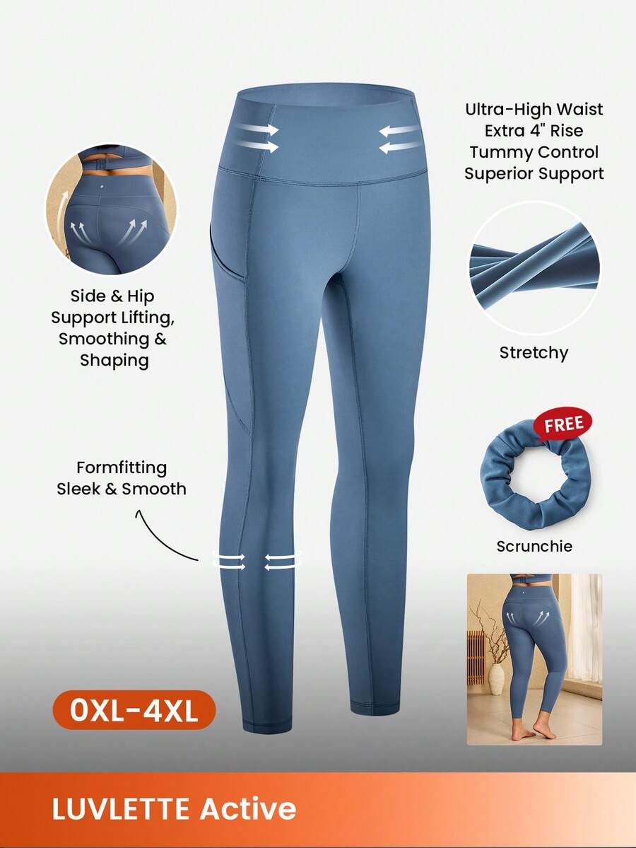 LUVLETTE Plus 女士休闲纯色高腰优雅踝长运动基本款裤子蓝色活力健身紧身裤 - 霧霾藍 - 查看 1