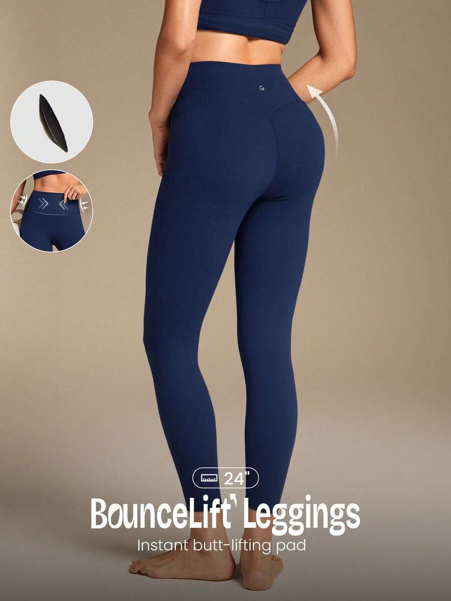 GLOWMODE 24" FeatherFit™ BounceLift Shape It Up Booty Boosting Shaping Removable Butt Pads No Front Seam Insta Cinch Tummy Control Leggings Low-Impact Yoga Pilates Barre Studio Daily Casual Wear - Dark Blue - 查看 1
