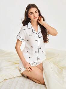 Bonmuse 2pcs/Set Print Women Pajama Set, Lightweight Bubble Crepe Short Sleeve Collared Cardigan Top And Loose Shorts, Casual Sleepwear And Loungewear Set, Suitable For All Seasonsfor Summer - White - View 8