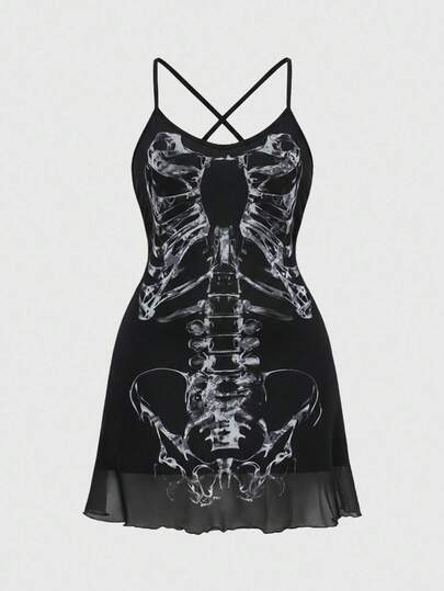 Plus Size Vintage Romantic Dark Gothic Skeleton Bone Corset Strap Dress
