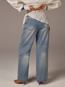 Athîral 2025 AW New Women's Hollow-Out Scarf Detail Wide-Leg Jeans, Loose-Fitting Pants, Washed Jeans, Low-Rise Women's Jeans, Light Blue Classic Straight Leg Jeans, Versatile For All Seasons - Blue - View 2