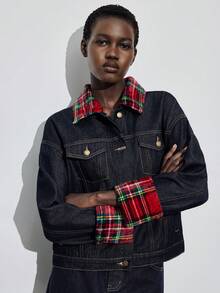 Maija American Retro Red Plaid Patchwork Denim Jacket, Loose Fit, Versatile Casual Jacket, Winter Thermal Lined Coat, Christmas. - Dark Wash - View 7