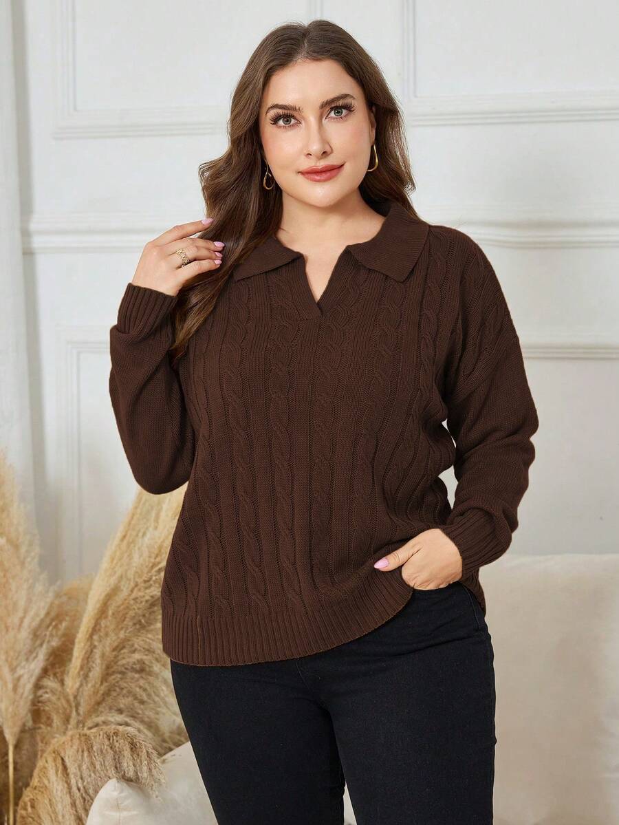 Lacomfia Plus Size Solid Color Casual Pullover Sweater, Autumn/Winter - Coffee Brown - View 1
