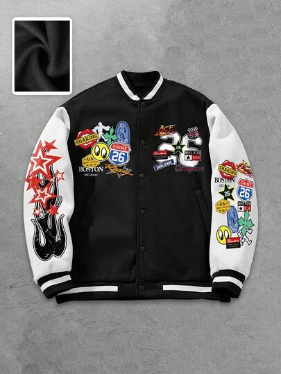 Street Life Men's Casual Preppy Contrast Color Patchwork Graphic Print Baseball Jacket, Autumn/Winter
