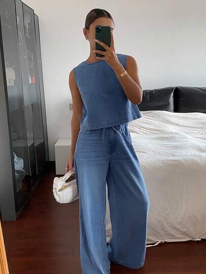 Livesso Conjunto de top de manga corta de cuello redondo y jeans de corte holgado para mujer