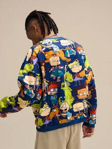 Nick 90s | SHEIN Men's Casual Cartoon Pattern Round Neck Drop Shoulder Sweatshirt, Autumn - Navy Blue - View 2