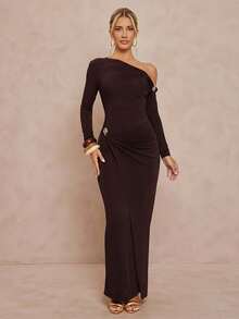 Lumalex 秋冬季不对称肩部长袖金属装饰收腰修身连衣裙，酒红色弹力连衣裙，棕色修身连衣裙，长袖连衣裙，棕色长袖上衣，奢华舞会聚会宴会，低调奢华，闪耀节日派对狂欢节郊游度假，户外盛装，层次丰富，婚礼季宴会，宰牲节派对新年时尚秋季新款女装晚宴晚会精致户外防寒必备冬季旅行装备，女士优雅连衣裙 - 咖啡棕 - 查看 4