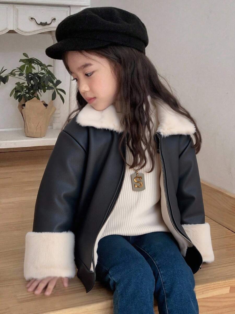 Young Girls Long Sleeve Faux Fur Collar Leather Jacket, Comfortable Winter Snow Zip-Up Children Outerwear, Fashion Motorcycle Clothing