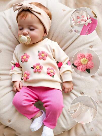 SHEIN Conjunto informal de niña recién nacida con sudadera con flores 3D y pantalones acanalados rosados