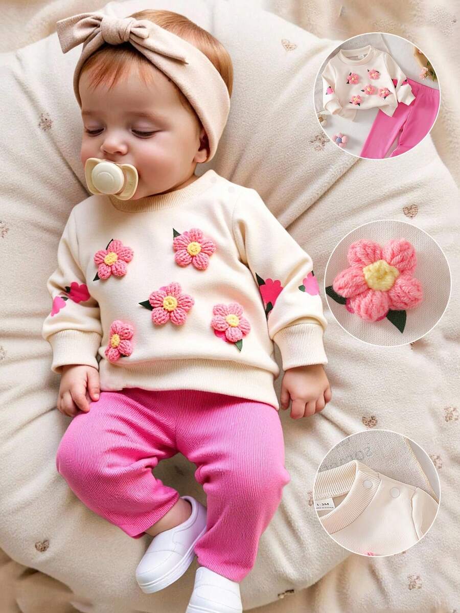 SHEIN Bộ quần áo nỉ họa tiết hoa 3D dễ thương và quần sọc hồng cho bé gái sơ sinh - Hồng - Xem 1