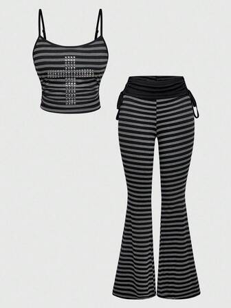 Grunge Punk Set di 2 pezzi da donna composto da top corto a righe con borchie e pantaloni a zampa, in stile punk sexy Y2K