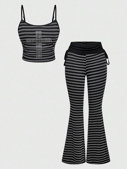 Grunge Punk Ensemble 2 pièces top court rayé rivet croix sexy punk Y2K et pantalon évasé pour femmes