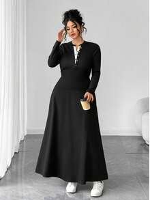 Elenzga Plus Size Women Elegant Casual Color Block V-Neck Long Sleeve Top And Skirt 2 Pieces Set - Black - View 4