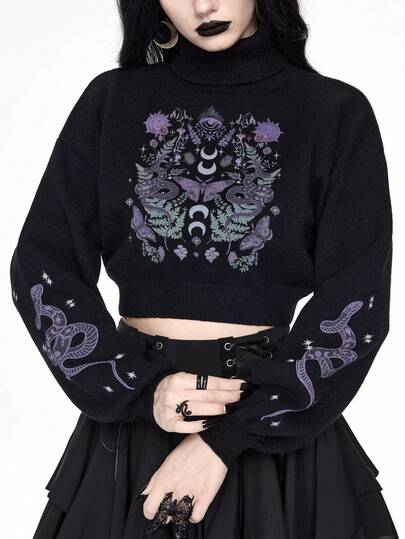Goth Suéter corto de cuello alto en color oscuro para mujer, top de punto con mangas abullonadas y estampado jacquard de piel de serpiente y mariposa vintage, otoño/invierno