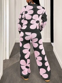 BamGleam 女士休闲碎花针织毛衣裤套装（2件套），秋冬季 - 粉色 - 查看 2