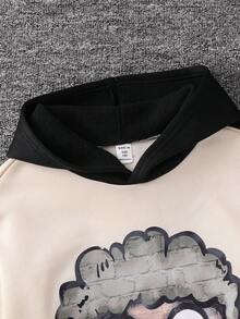 SHEIN 男童经典时尚休闲酷炫卡通人物树叶印花撞色连帽衫和喇叭裤两件套，适合秋/春季、户外、学校、街头、派对、居家、返校季穿着。 - 杏色 - 查看 5