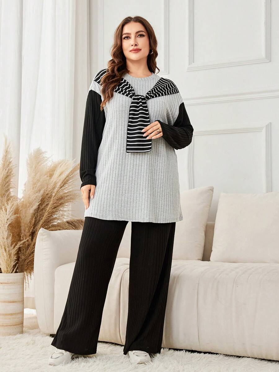 Lacomfia Conjunto de 2 piezas de poncho de punto con rayas de contraste y pantalones de punto minimalistas casuales para mujer de talla grande