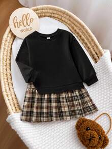 SHEIN 女童卫衣拼接格子裙连衣裙，复古时尚百搭休闲日常装 - 黑色 - 查看 7