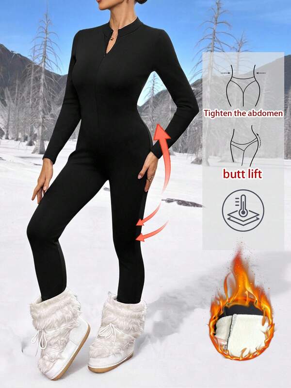 SHEIN Tall Mono ajustado de punto negro para mujer, ropa de esquí, versión alta con forro térmico, para otoño/invierno