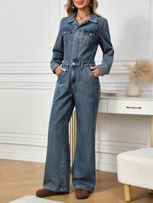 EMERY ROSE 女士长袖口袋直筒宽松休闲牛仔连体裤 - 中等水洗藍 - 查看 6