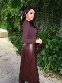 Durrani Popal Chân váy da PU xẻ cao dành cho nữ, phù hợp khi đi làm trong thành phố, trang phục công sở, trang phục công sở, trang phục thanh lịch - màu nâu - Xem 5