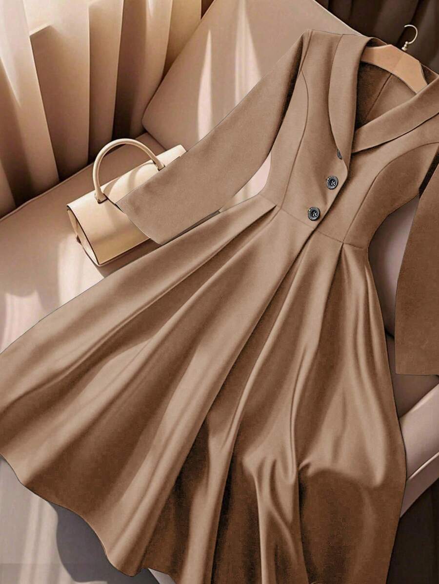 Franclia Women's Elegant Pleated Fitted Draped Lapel Single-Breasted High Waist Dress, Spring/Autumn - Brown - View 1