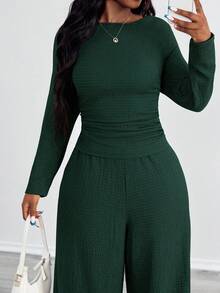 SHEIN PETITE CURVE 2pcs Plus Size Textured Brown Pleated Long Sleeve Top And Pockets Pants Set/Winter - Green - View 6