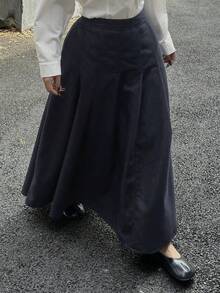 Dazy Plus 深蓝色水洗褶皱A字长款牛仔裙，适合春秋季休闲穿着 - 深色水洗藍 - 查看 7