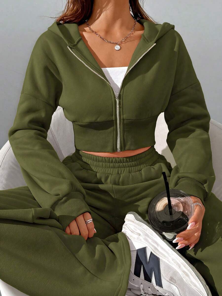SHEIN EZwear 2件組女款休閒軍綠色拉鍊連帽外套與長褲套裝,冬季穿搭,秋季女裝,女款冬季兩件式套裝 - 軍綠色 - 查看 1