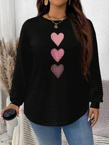 EMERY ROSE Pull col rond décontracté avec imprimé graphique en forme de cœur rose, motif à carreaux et ourlet incurvé avec fente latérale. Confortable pour l'automne/l'hiver - Noir - Voir 5