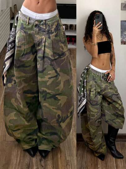 StreetHx Fashionable Casual Street Style Pleated Camouflage Low Waist Super Wide Leg Jeans