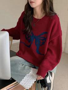 DAZY Women's Loose Fit Crew Neck Bowknot Pattern Sweater Christmas - Burgundy - View 4