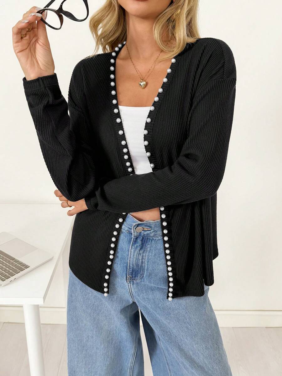 Chiquease Fashionable Pearl Knit Cardigan Women Jacket - Black - View 1